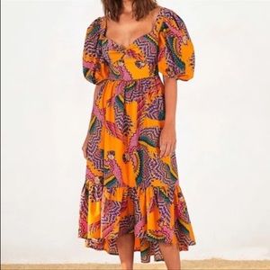 Farm Rio Macaw puff sleeve midi dress women’s size L
